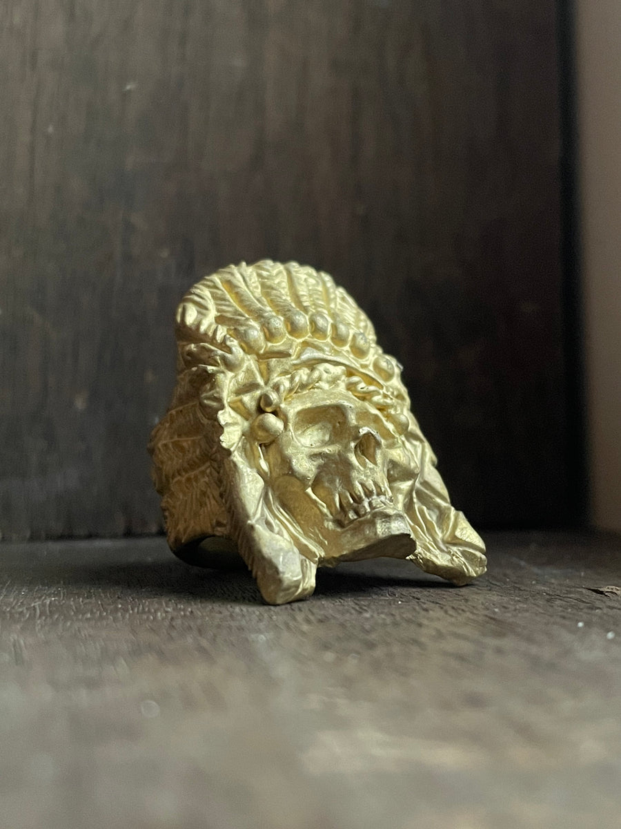Rustic Skull and Feather Headdress Brass Ring